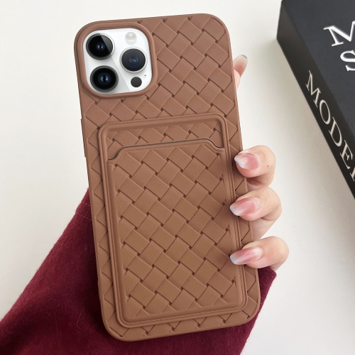 

For iPhone 14 Pro Max Weave Texture Card Slot Skin Feel Phone Case(Brown)