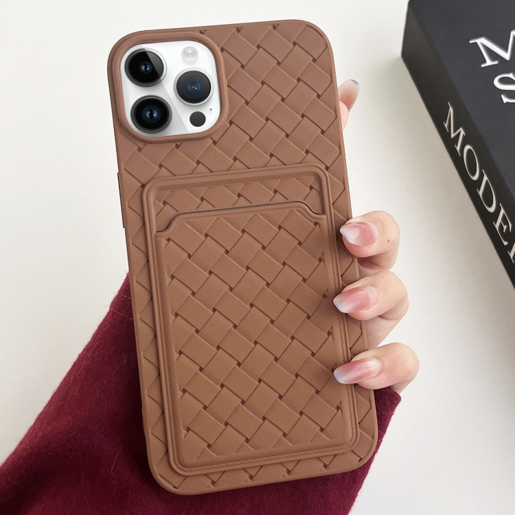 

For iPhone 13 Pro Max Weave Texture Card Slot Skin Feel Phone Case(Brown)