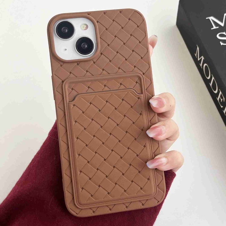 

For iPhone 13 Weave Texture Card Slot Skin Feel Phone Case(Brown)