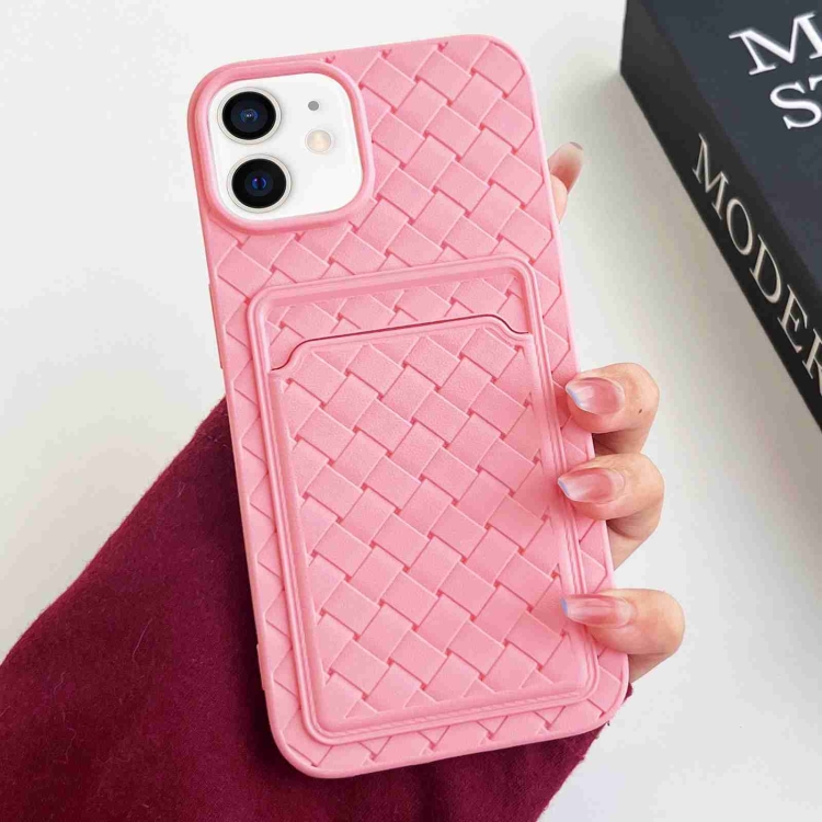 

For iPhone 11 Weave Texture Card Slot Skin Feel Phone Case(Pink)