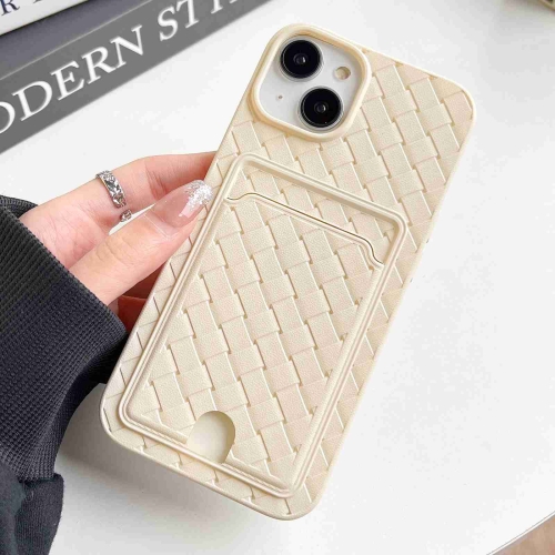 

For iPhone 14 Plus Weave Texture Card Slot Skin Feel Phone Case with Push Card Hole(White)