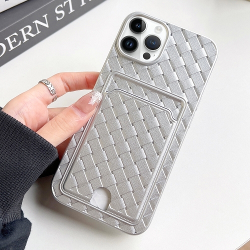 

For iPhone 14 Pro Weave Texture Card Slot Skin Feel Phone Case with Push Card Hole(Silver)