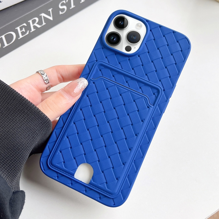 

For iPhone 14 Pro Weave Texture Card Slot Skin Feel Phone Case with Push Card Hole(Dark Blue)