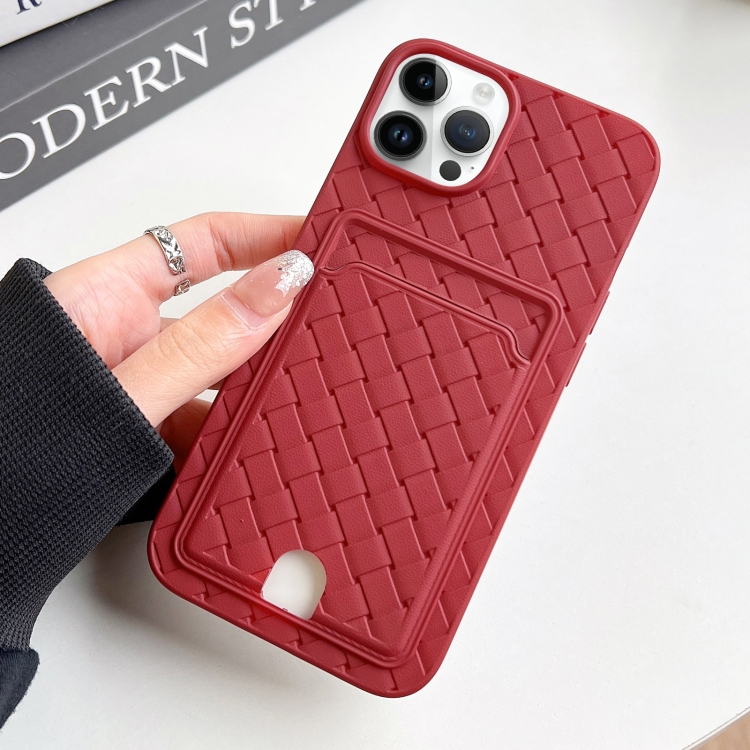 

For iPhone 14 Pro Weave Texture Card Slot Skin Feel Phone Case with Push Card Hole(Red)