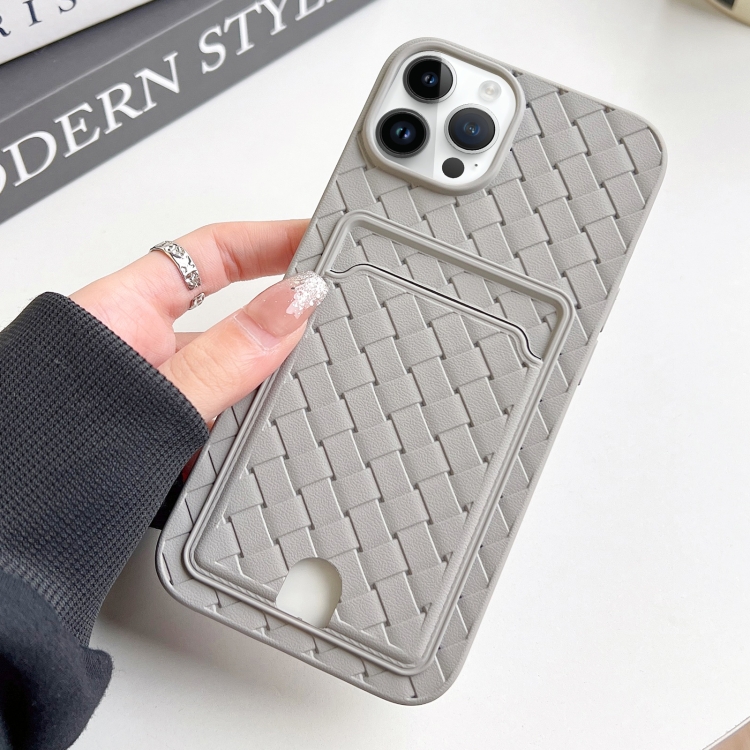 

For iPhone 14 Pro Max Weave Texture Card Slot Skin Feel Phone Case with Push Card Hole(Grey)