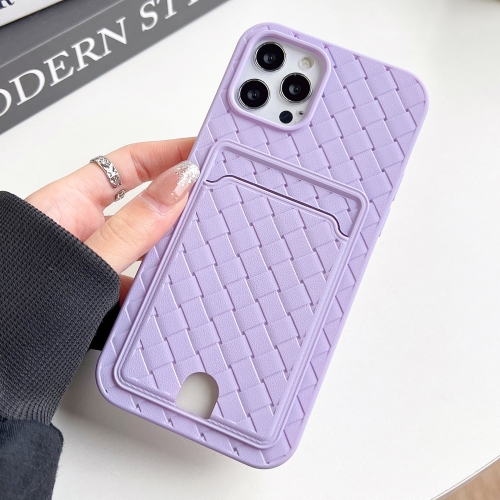 

For iPhone 14 Pro Max Weave Texture Card Slot Skin Feel Phone Case with Push Card Hole(Light Purple)