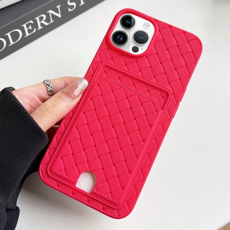 

For iPhone 14 Pro Max Weave Texture Card Slot Skin Feel Phone Case with Push Card Hole(Rose Red)
