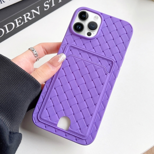 

For iPhone 13 Pro Max Weave Texture Card Slot Skin Feel Phone Case with Push Card Hole(Dark Purple)