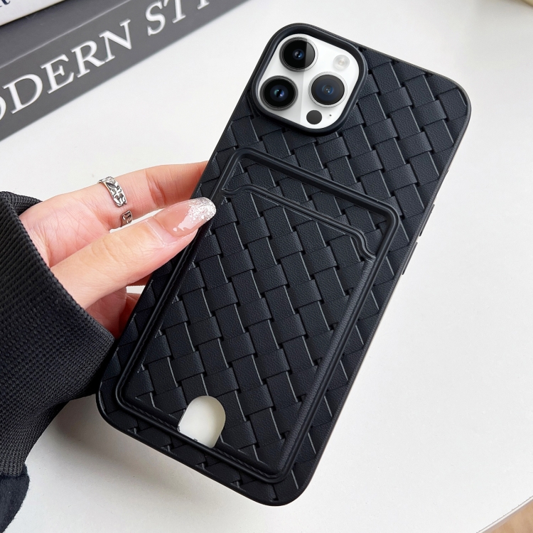 

For iPhone 13 Pro Max Weave Texture Card Slot Skin Feel Phone Case with Push Card Hole(Black)