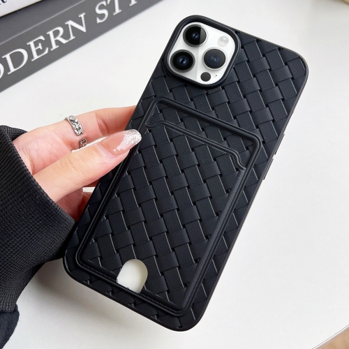 

For iPhone 13 Pro Weave Texture Card Slot Skin Feel Phone Case with Push Card Hole(Black)