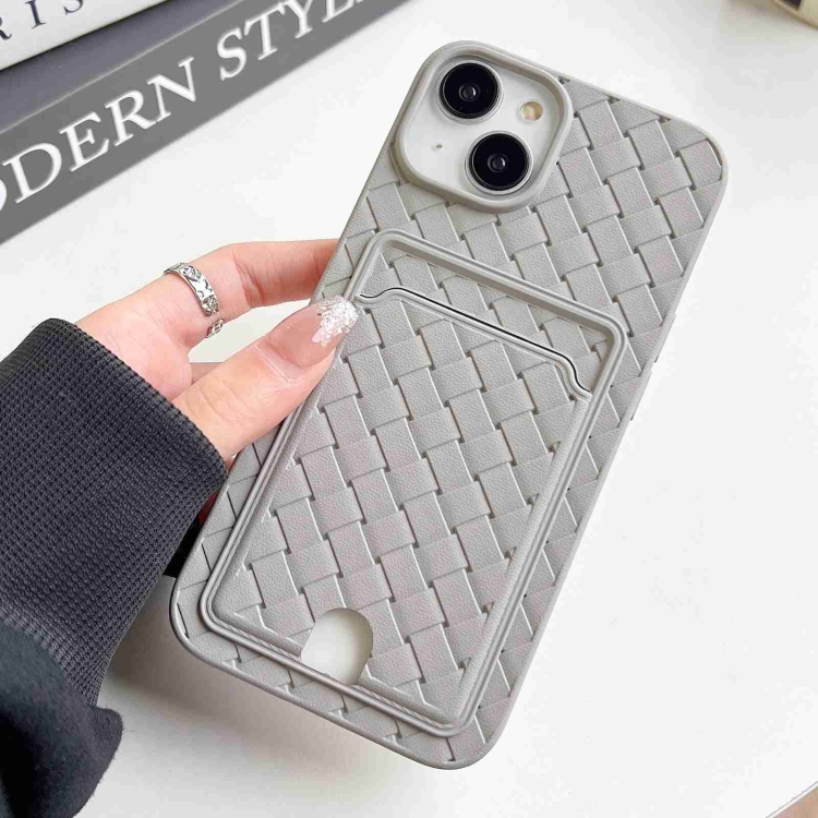 

For iPhone 13 Weave Texture Card Slot Skin Feel Phone Case with Push Card Hole(Grey)