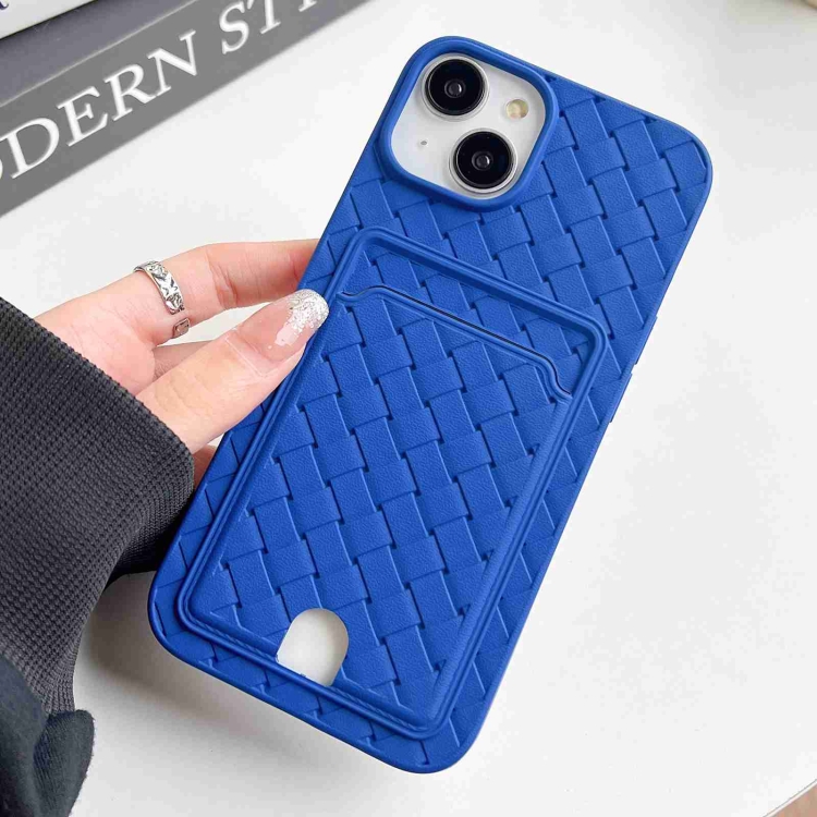 

For iPhone 13 Weave Texture Card Slot Skin Feel Phone Case with Push Card Hole(Dark Blue)
