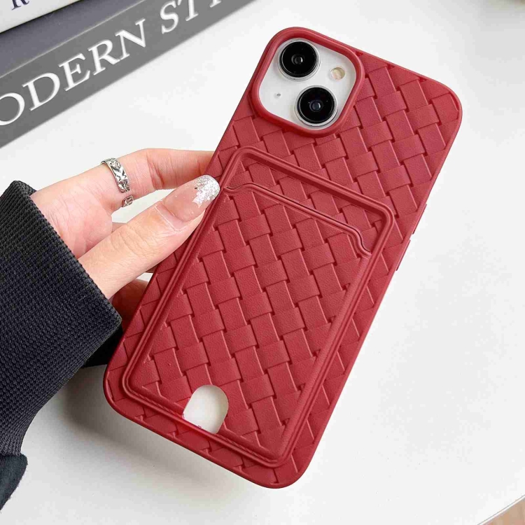 

For iPhone 13 Weave Texture Card Slot Skin Feel Phone Case with Push Card Hole(Red)
