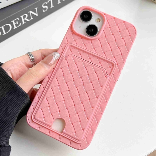 

For iPhone 13 Weave Texture Card Slot Skin Feel Phone Case with Push Card Hole(Pink)