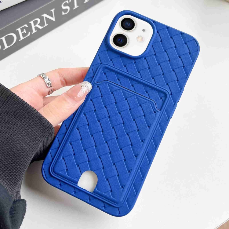 

For iPhone 12 / 12 Pro Weave Texture Card Slot Skin Feel Phone Case with Push Card Hole(Dark Blue)