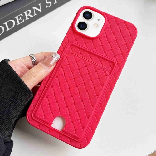 

For iPhone 12 / 12 Pro Weave Texture Card Slot Skin Feel Phone Case with Push Card Hole(Rose Red)