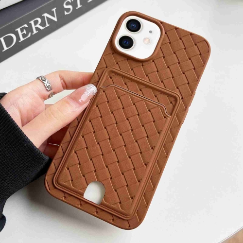 

For iPhone 12 / 12 Pro Weave Texture Card Slot Skin Feel Phone Case with Push Card Hole(Brown)