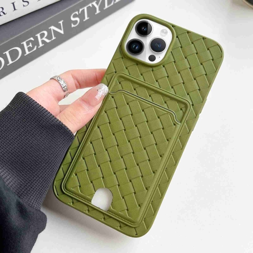 

For iPhone 12 Pro Max Weave Texture Card Slot Skin Feel Phone Case with Push Card Hole(Olive Green)