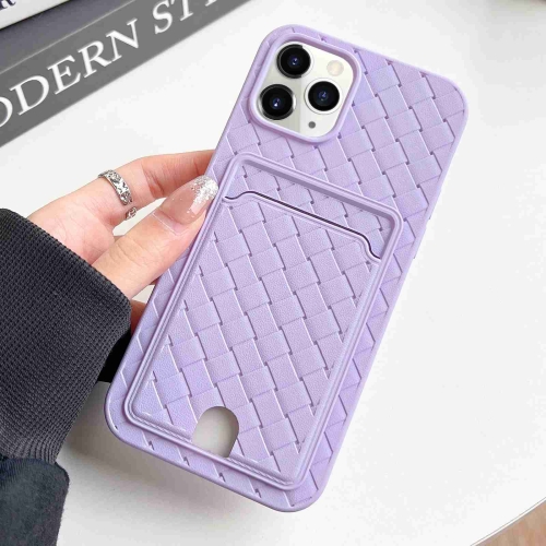 

For iPhone 11 Pro Max Weave Texture Card Slot Skin Feel Phone Case with Push Card Hole(Light Purple)