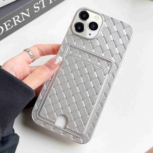 

For iPhone 11 Pro Max Weave Texture Card Slot Skin Feel Phone Case with Push Card Hole(Silver)