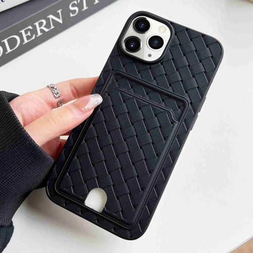 

For iPhone 11 Pro Max Weave Texture Card Slot Skin Feel Phone Case with Push Card Hole(Black)