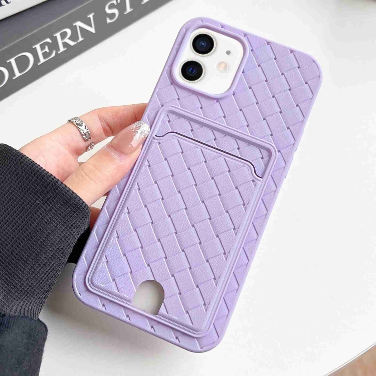 

For iPhone 11 Weave Texture Card Slot Skin Feel Phone Case with Push Card Hole(Light Purple)