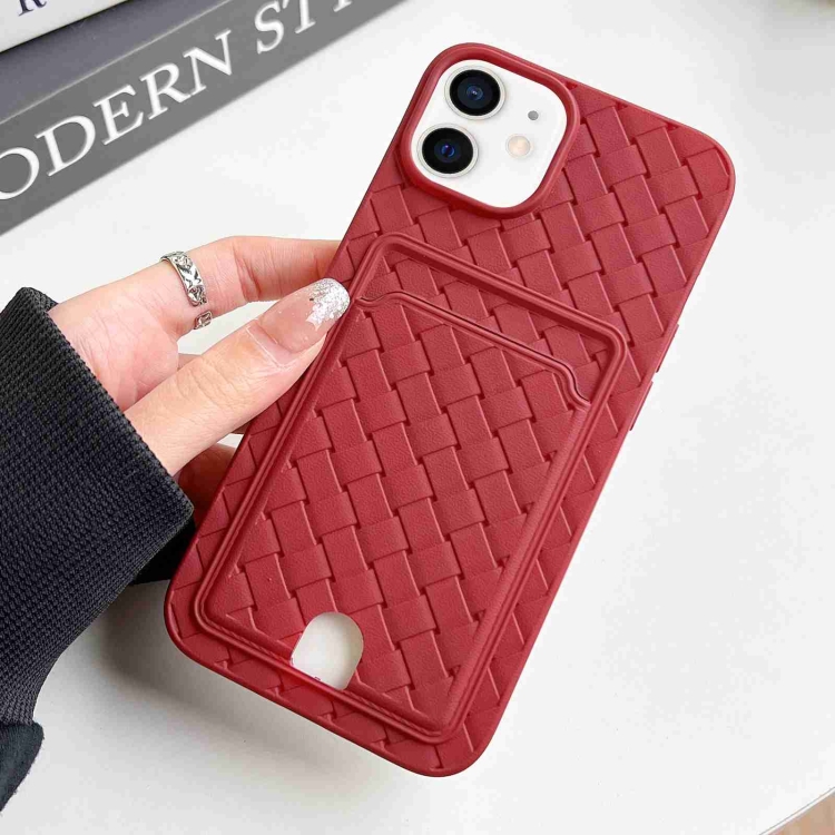 

For iPhone 11 Weave Texture Card Slot Skin Feel Phone Case with Push Card Hole(Red)
