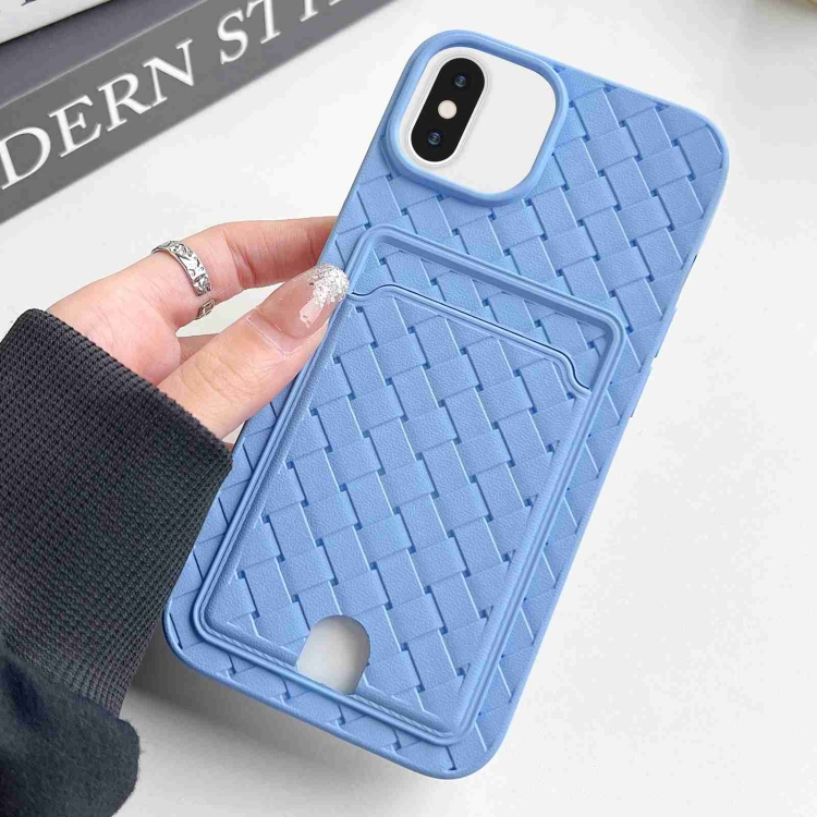 

For iPhone XS / X Weave Texture Card Slot Skin Feel Phone Case with Push Card Hole(Sky Blue)