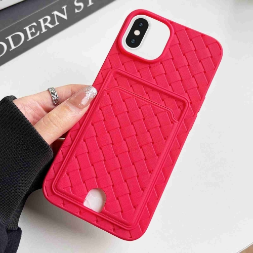 

For iPhone XS Max Weave Texture Card Slot Skin Feel Phone Case with Push Card Hole(Rose Red)