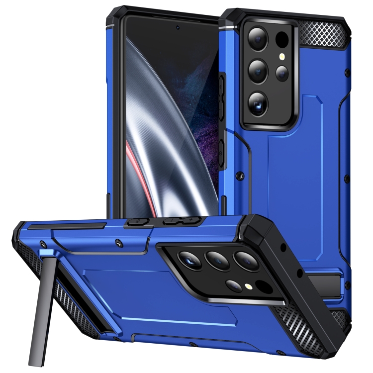 

For Samsung Galaxy S21 Ultra 5G Matte Holder Phone Case(Dark Blue)