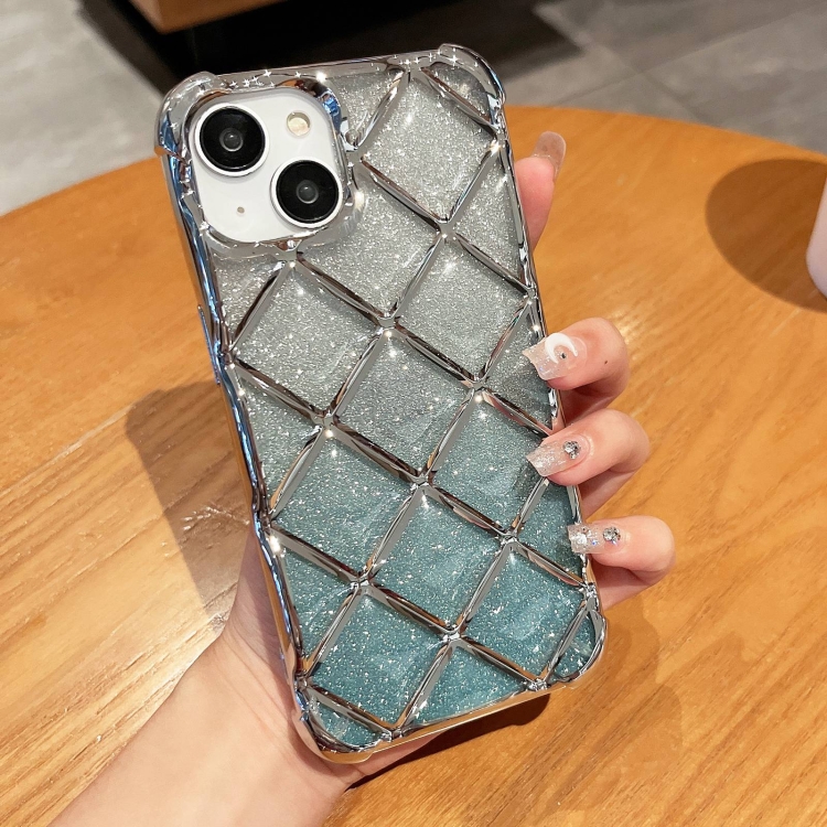 

For iPhone 14 / 13 3D Diamond Lattice Laser Engraving Glitter Paper Phone Case(Gradient Silver)