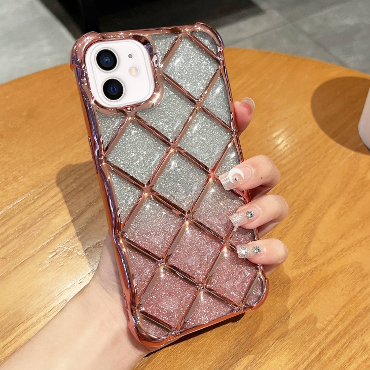 

For iPhone 11 3D Diamond Lattice Laser Engraving Glitter Paper Phone Case(Gradient Pink)