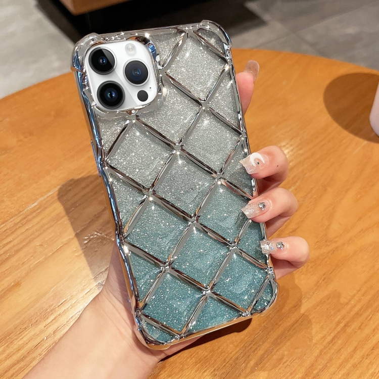 

For iPhone 15 Pro Max 3D Diamond Lattice Laser Engraving Glitter Paper Phone Case(Gradient Silver)