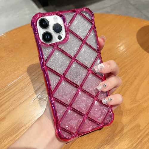 

For iPhone 15 Pro 3D Diamond Lattice Laser Engraving Glitter Paper Phone Case(Gradient Rose Red)