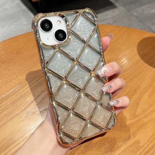 For iPhone 15 Plus 3D Diamond Lattice Laser Engraving Glitter Paper Phone Case(Gradient Gold)