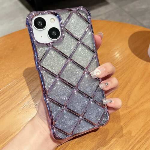 

For iPhone 15 3D Diamond Lattice Laser Engraving Glitter Paper Phone Case(Gradient Purple)