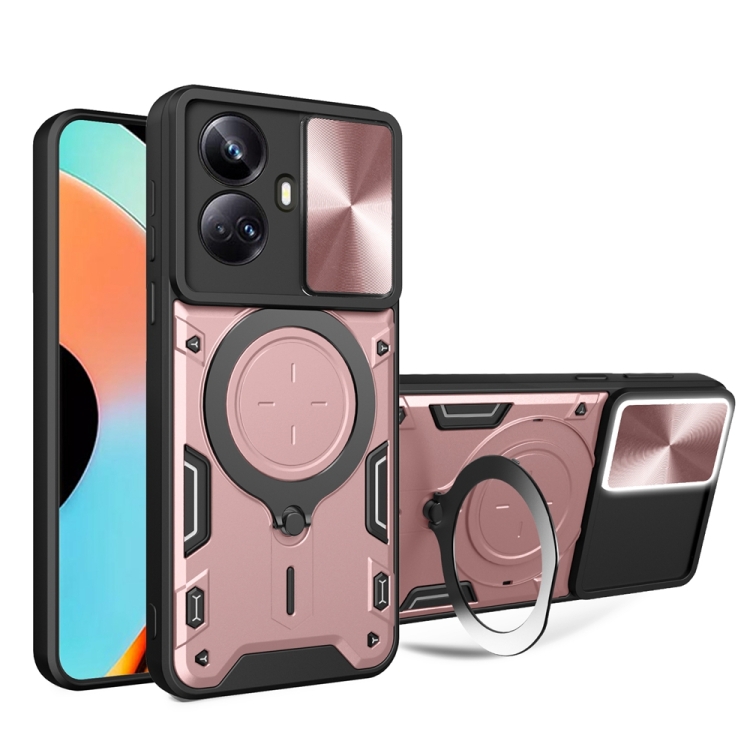 

For Realme 10 Pro+ 5G CD Texture Sliding Camshield Magnetic Holder Phone Case(Pink)