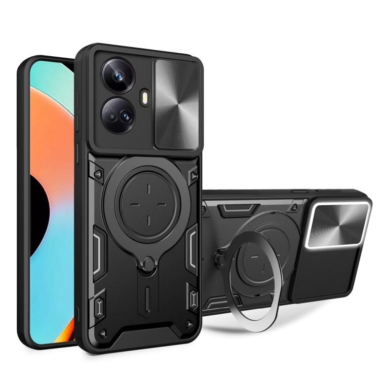 

For Realme 10 Pro+ 5G CD Texture Sliding Camshield Magnetic Holder Phone Case(Black)