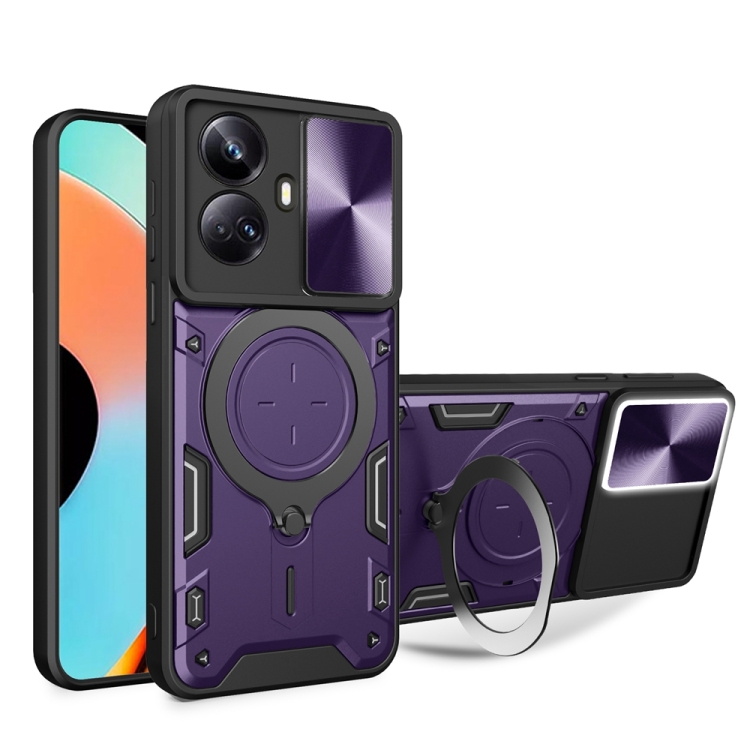 

For Realme 10 Pro+ 5G CD Texture Sliding Camshield Magnetic Holder Phone Case(Purple)