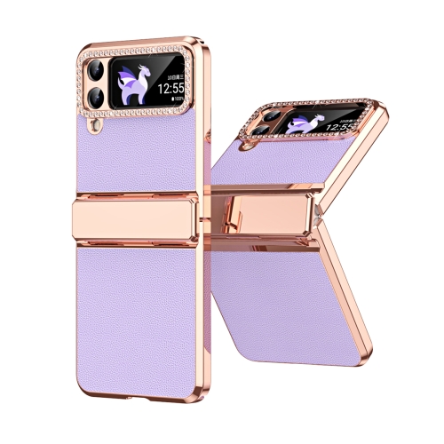 

For Samsung Galaxy Z Flip4 5G Plated Plain Leather Folding Phone Case with Hinge(Purple)