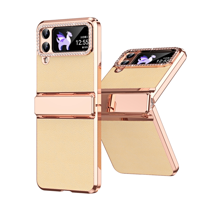 

For Samsung Galaxy Z Flip3 5G Plated Plain Leather Folding Phone Case with Hinge(Gold)