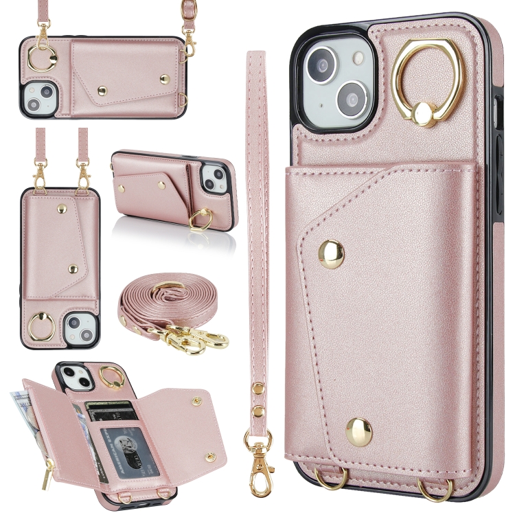 

For iPhone 14 Plus Zipper Card Bag Phone Case with Dual Lanyard(Rose Gold)