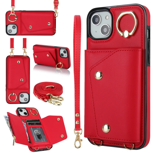 

For iPhone 14 Plus Zipper Card Bag Phone Case with Dual Lanyard(Red)