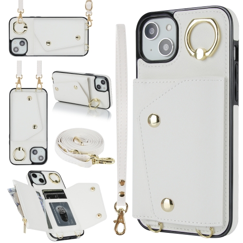 

For iPhone 14 Plus Zipper Card Bag Phone Case with Dual Lanyard(White)