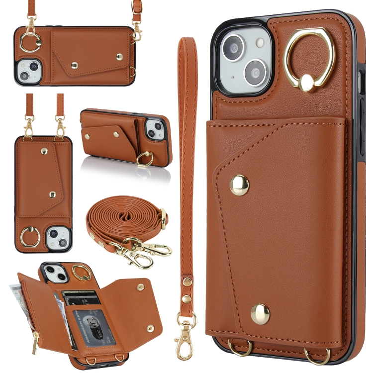 

For iPhone 14 Zipper Card Bag Phone Case with Dual Lanyard(Brown)
