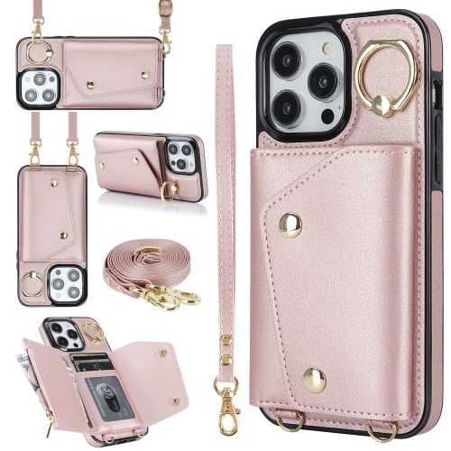 

For iPhone 14 Pro Zipper Card Bag Phone Case with Dual Lanyard(Rose Gold)