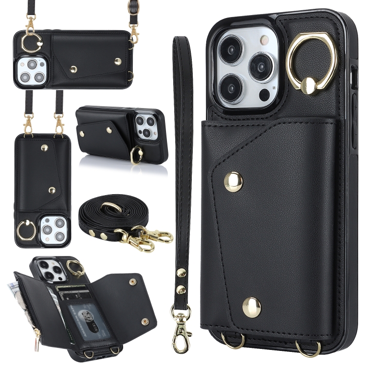 

For iPhone 14 Pro Max Zipper Card Bag Phone Case with Dual Lanyard(Black)