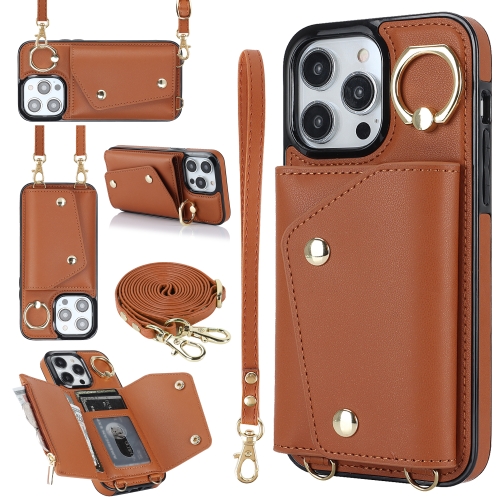 

For iPhone 14 Pro Max Zipper Card Bag Phone Case with Dual Lanyard(Brown)