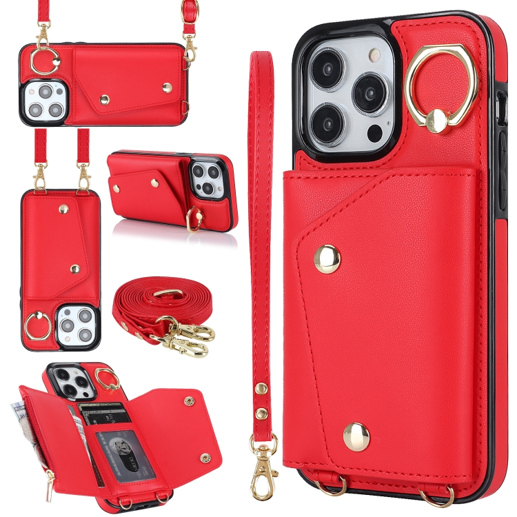 

For iPhone 14 Pro Max Zipper Card Bag Phone Case with Dual Lanyard(Red)