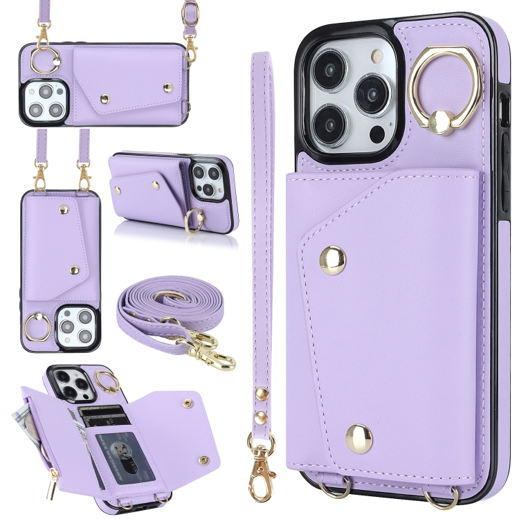 

For iPhone 13 Pro Zipper Card Bag Phone Case with Dual Lanyard(Purple)